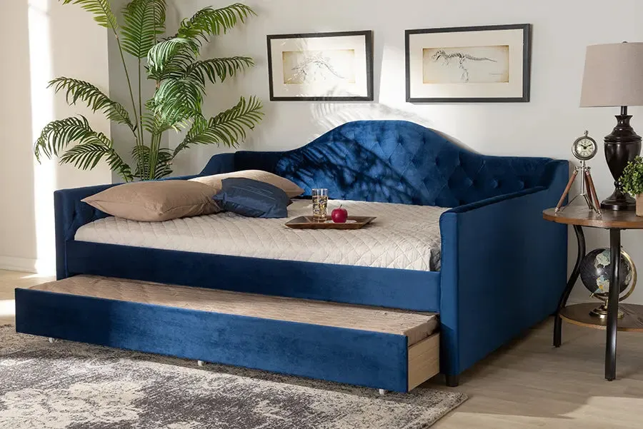 Mira Royal Blue Velvet Fabric Upholstered and Button Tufted Queen Size Daybed w/Trundle