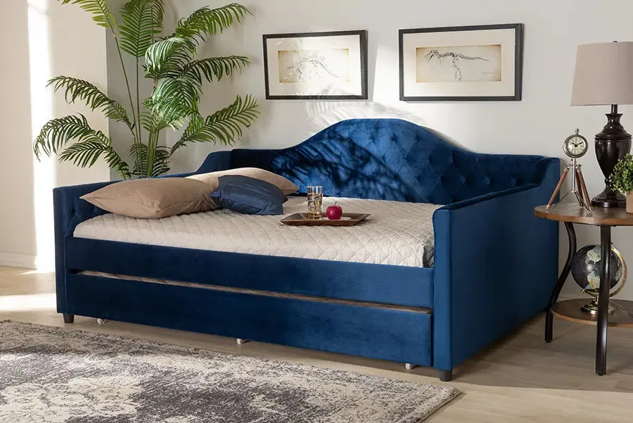 Mira Royal Blue Velvet Fabric Upholstered and Button Tufted Queen Size Daybed w/Trundle