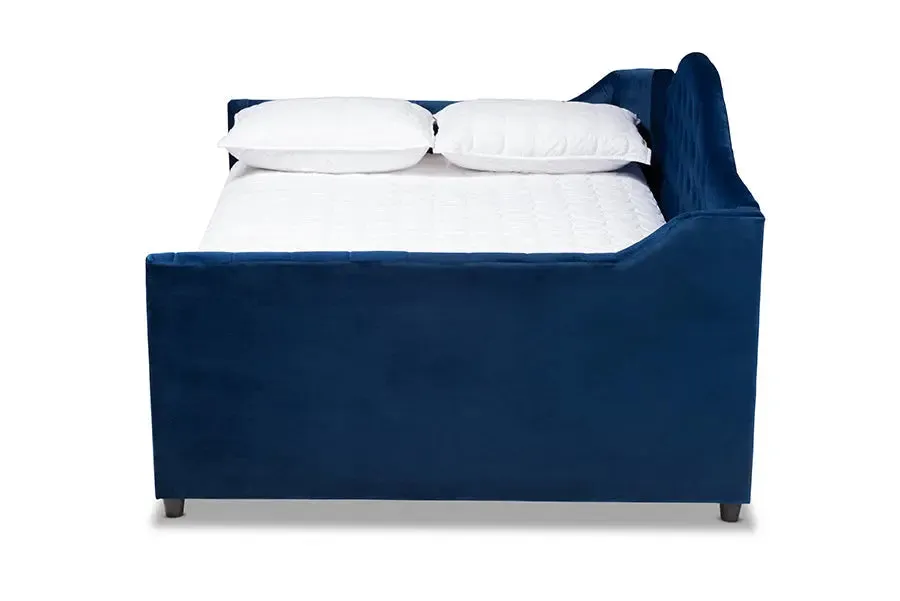 Mira Royal Blue Velvet Fabric Upholstered and Button Tufted Queen Size Daybed w/Trundle