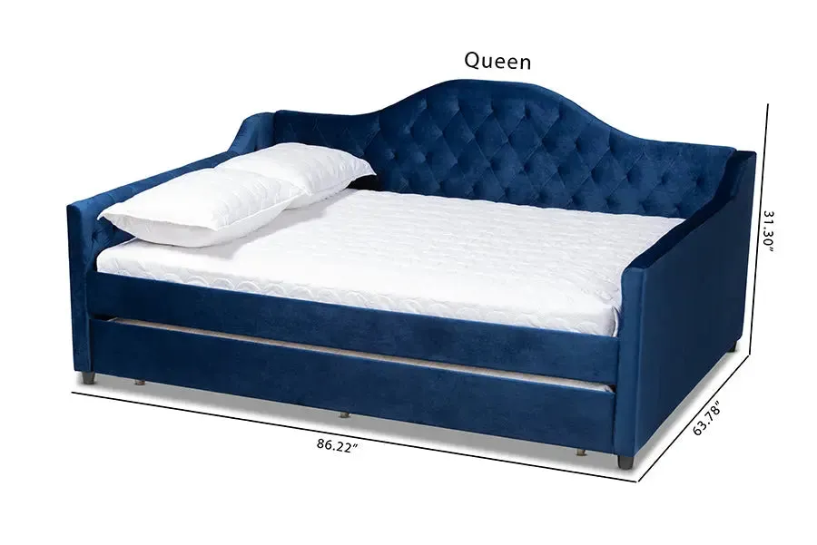 Mira Royal Blue Velvet Fabric Upholstered and Button Tufted Queen Size Daybed w/Trundle