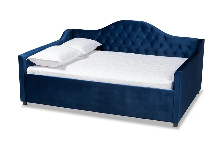 Mira Royal Blue Velvet Fabric Upholstered and Button Tufted Queen Size Daybed