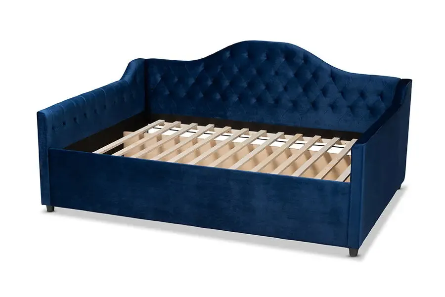 Mira Royal Blue Velvet Fabric Upholstered and Button Tufted Queen Size Daybed