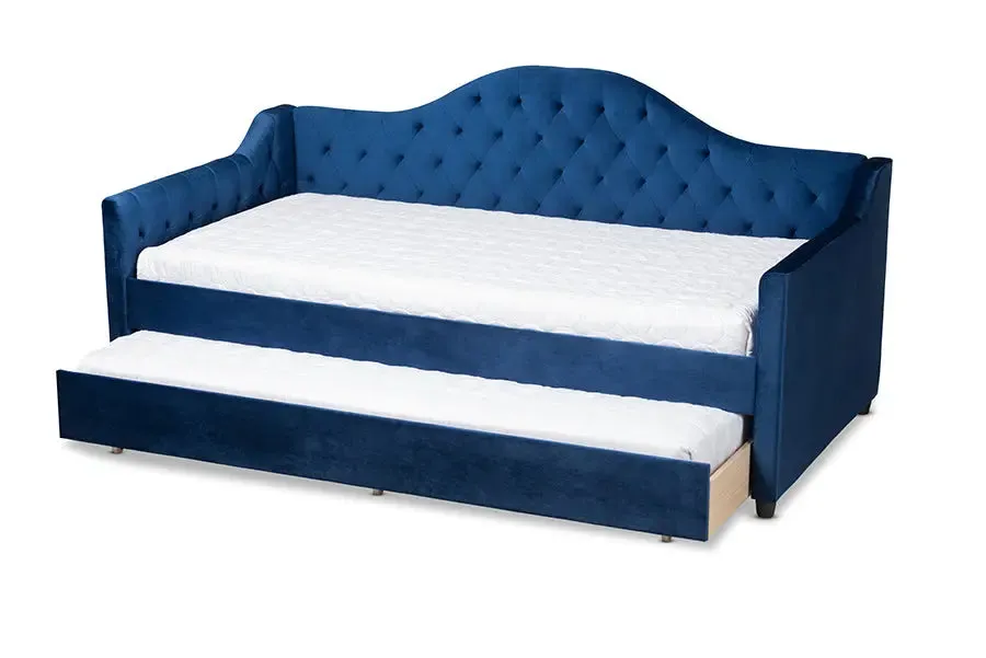 Mira Royal Blue Velvet Fabric Upholstered and Button Tufted Twin Size Daybed w/Trundle