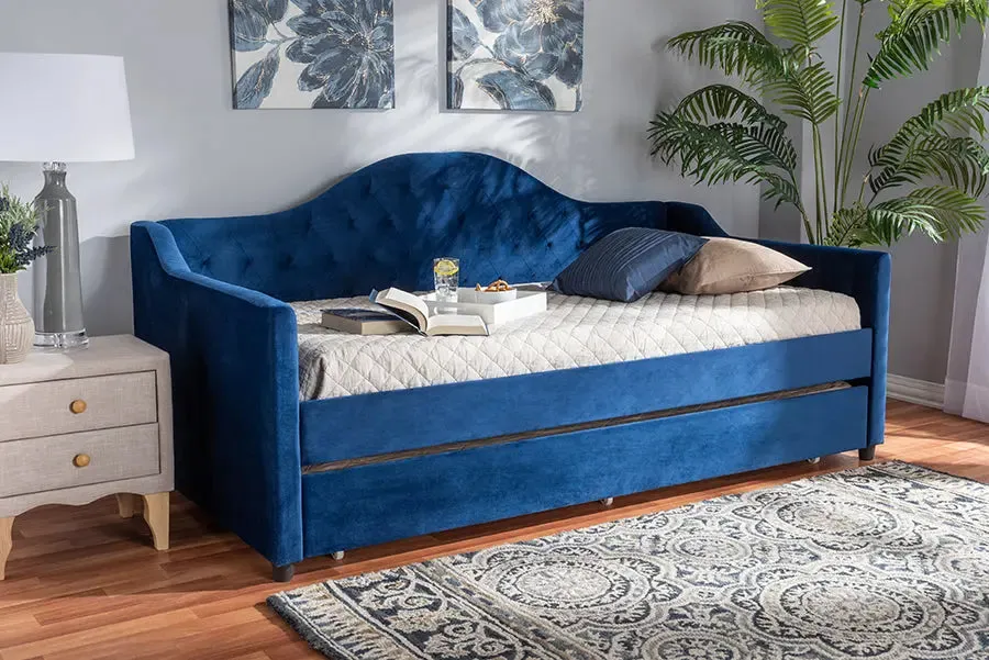 Mira Royal Blue Velvet Fabric Upholstered and Button Tufted Twin Size Daybed w/Trundle