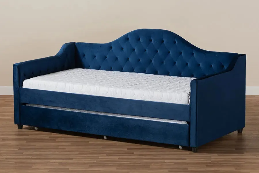 Mira Royal Blue Velvet Fabric Upholstered and Button Tufted Twin Size Daybed w/Trundle