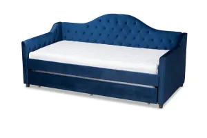 Mira Royal Blue Velvet Fabric Upholstered and Button Tufted Twin Size Daybed w/Trundle