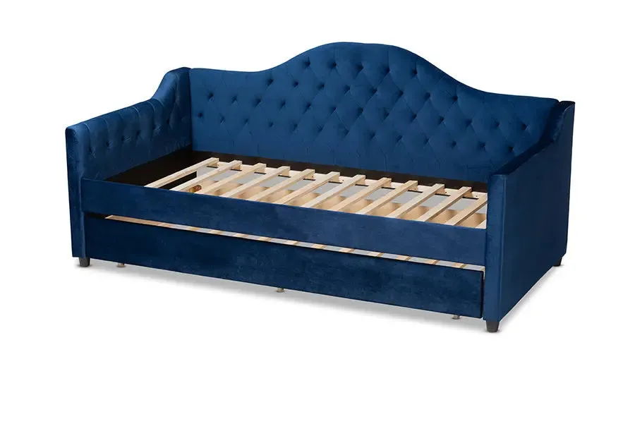 Mira Royal Blue Velvet Fabric Upholstered and Button Tufted Twin Size Daybed w/Trundle