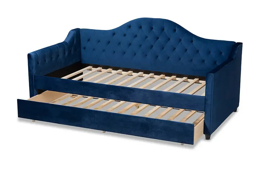 Mira Royal Blue Velvet Fabric Upholstered and Button Tufted Twin Size Daybed w/Trundle