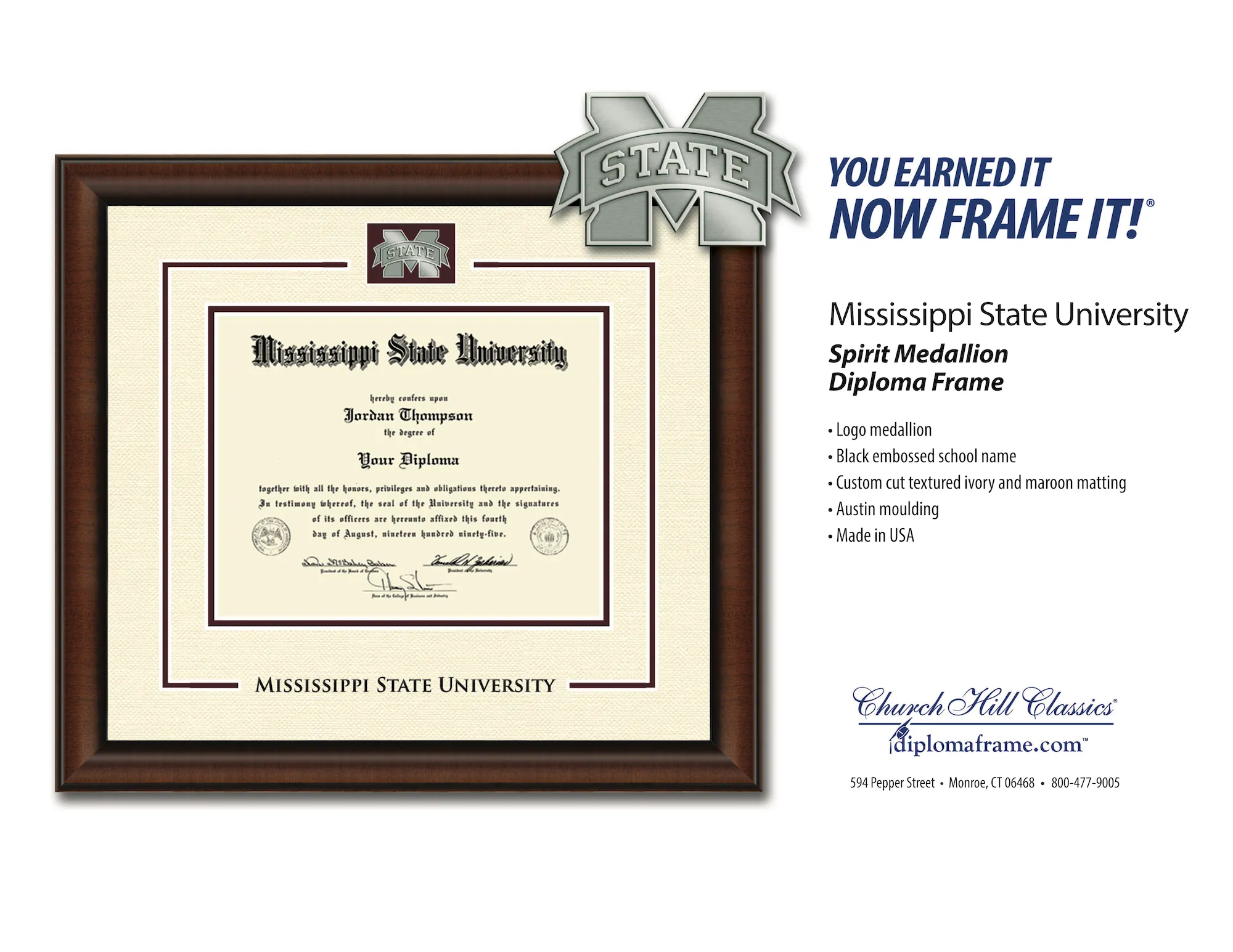 Mississippi State Embossed Spirit Medallion Diploma Frame