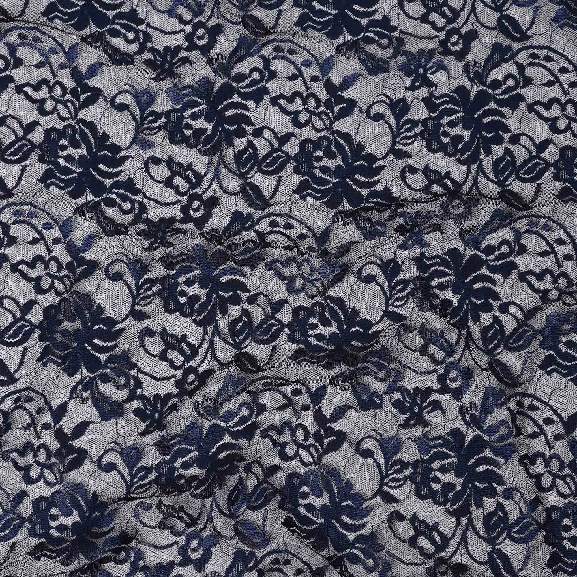 Navy Blue Floral Lace Fabric, 110 cm Width, Synthetic Material from Indonesia-D21133