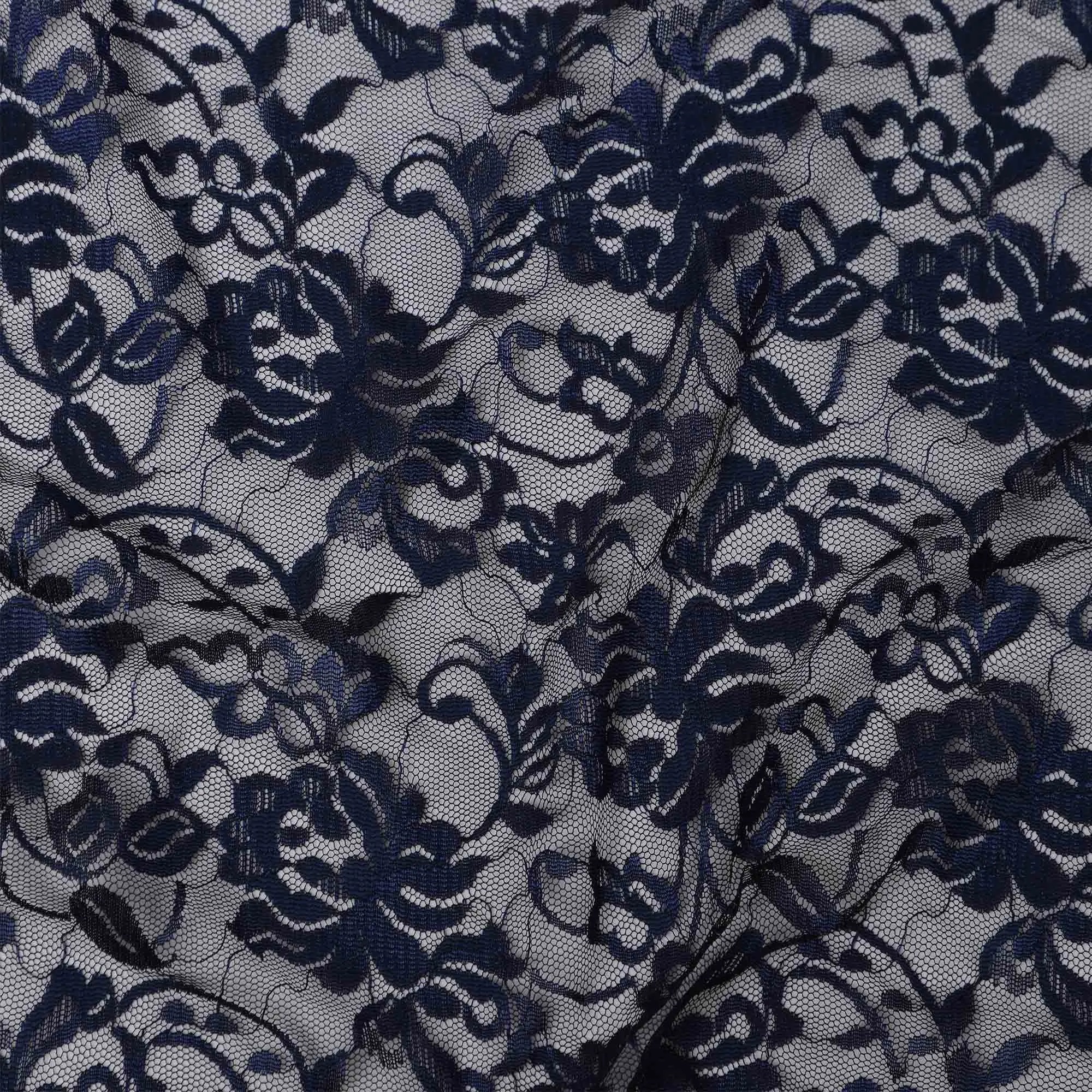 Navy Blue Floral Lace Fabric, 110 cm Width, Synthetic Material from Indonesia-D21133