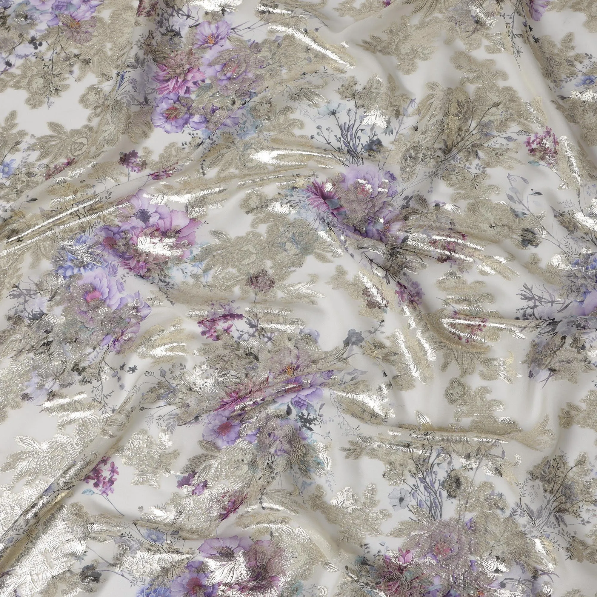 Off-White Floral Silk Chiffon Fabric with Metallic Lurex, Width 140 cm, South Korea-D21268