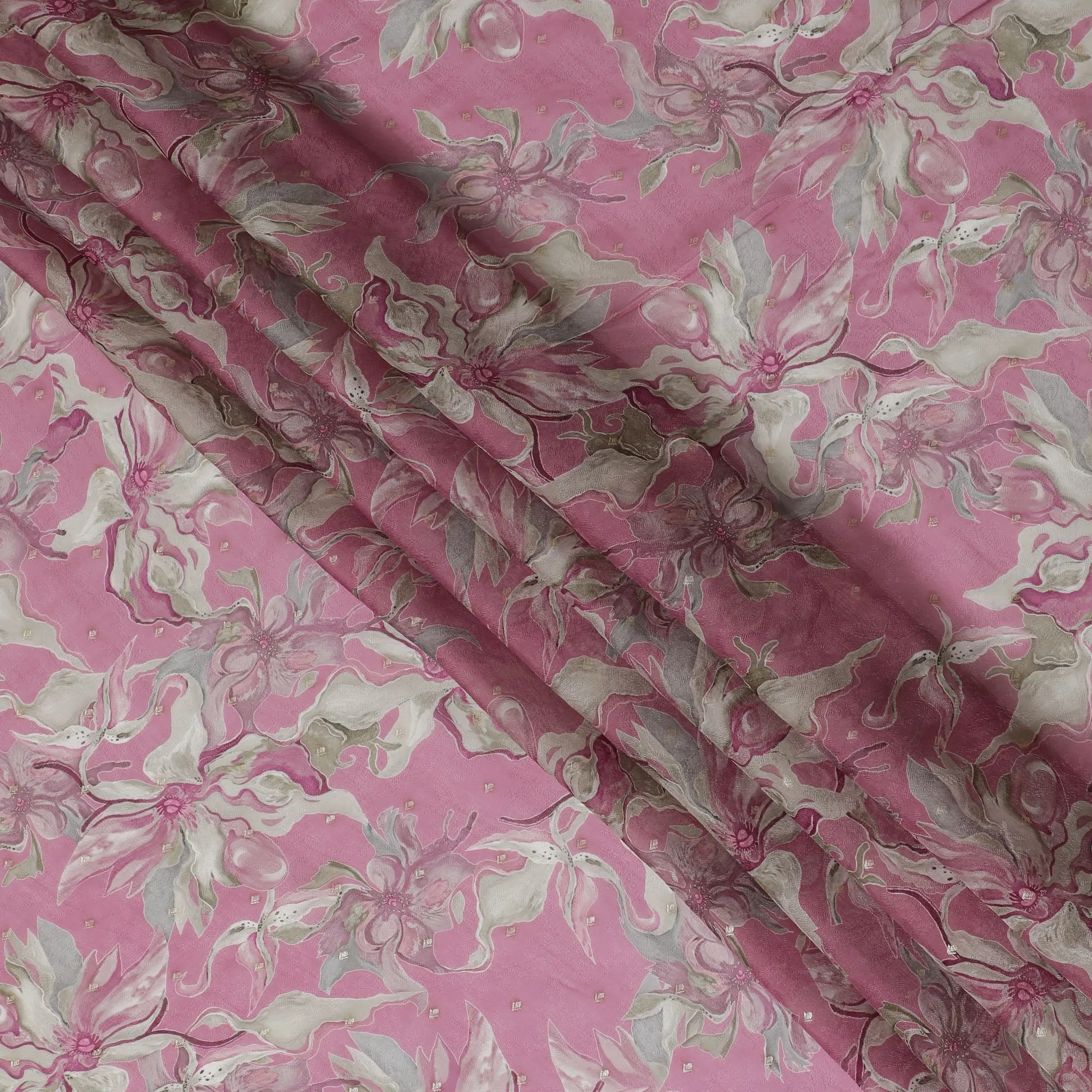 Pink and White Floral Synthetic Organza Fabric - 110 cm Width, Made in India-D19635