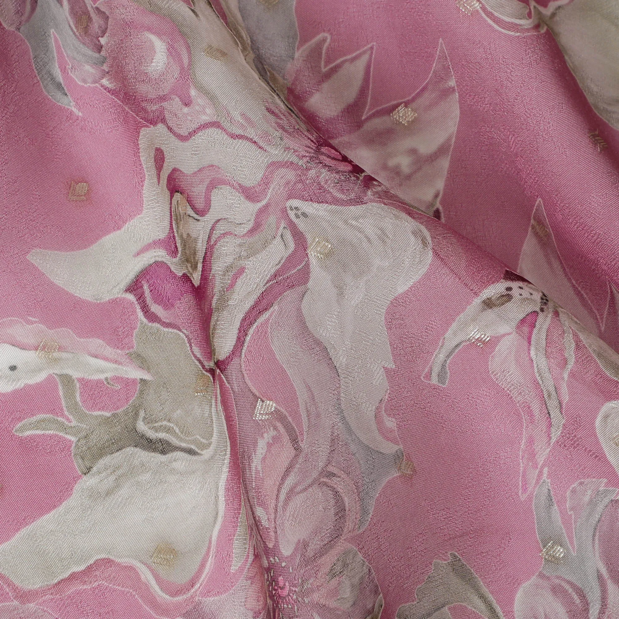 Pink and White Floral Synthetic Organza Fabric - 110 cm Width, Made in India-D19635