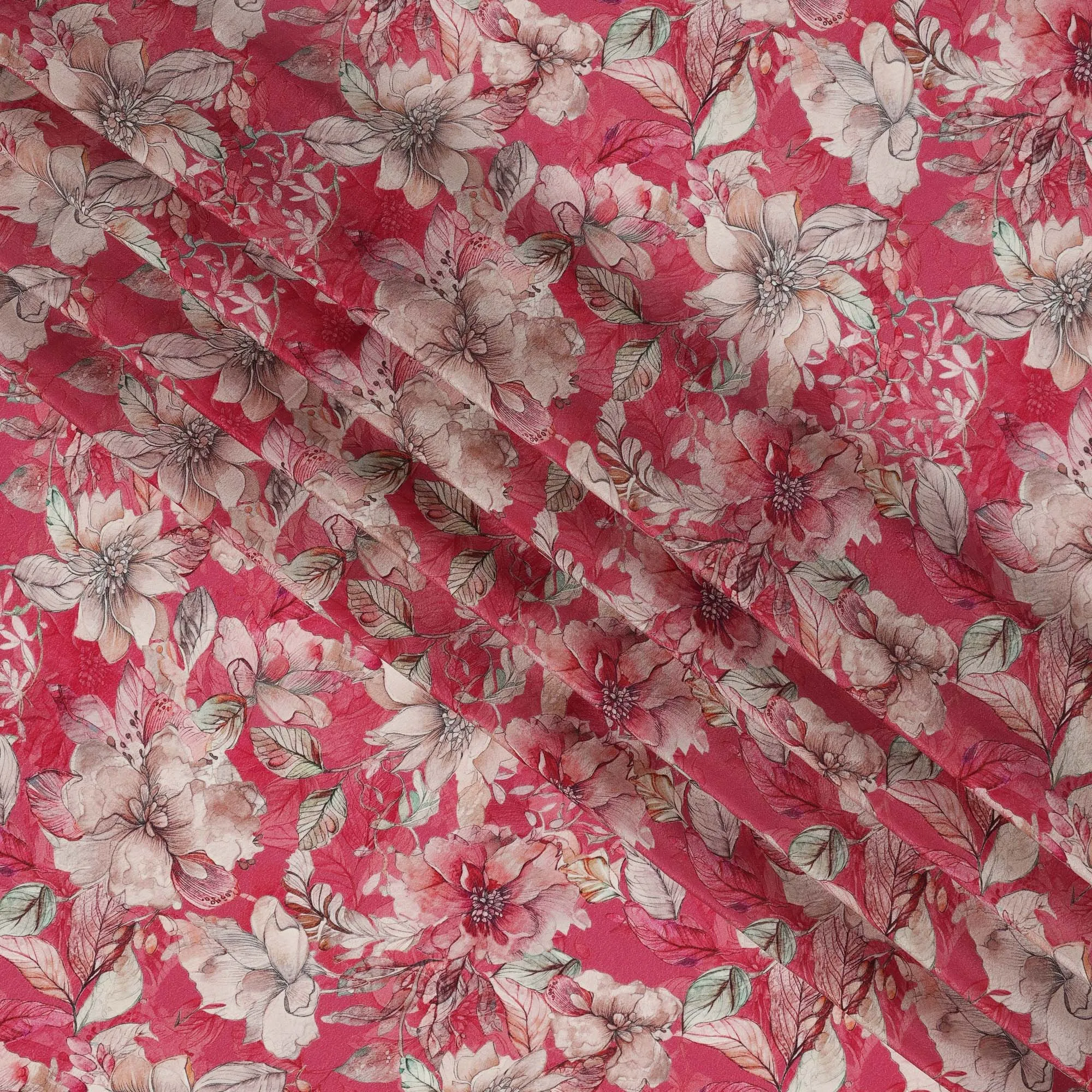 Rose Red Viscose Digital Printed Fabric with Floral Design, 110 cm Width-D21293