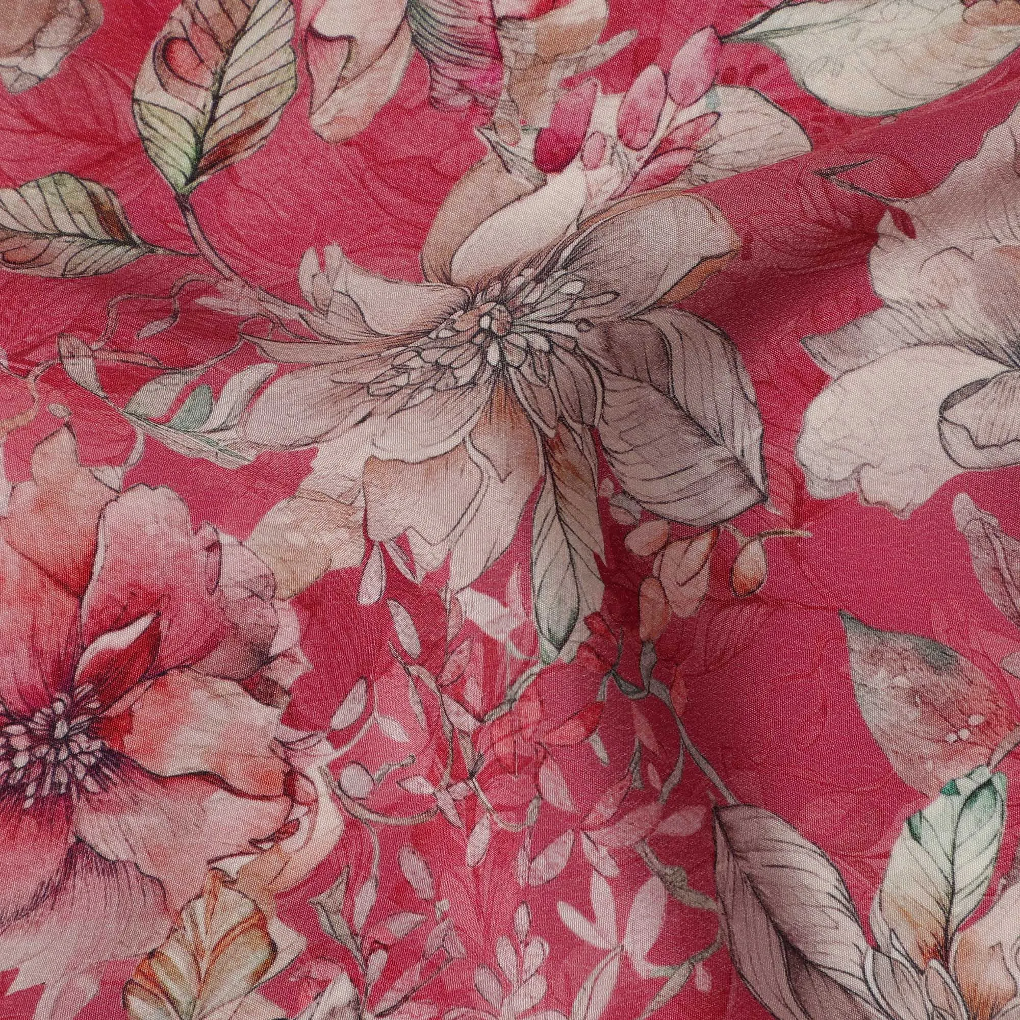 Rose Red Viscose Digital Printed Fabric with Floral Design, 110 cm Width-D21293