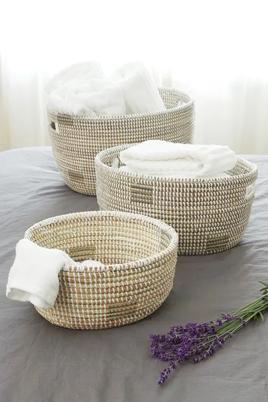 Silver and White Block Print Nesting Baskets- Small