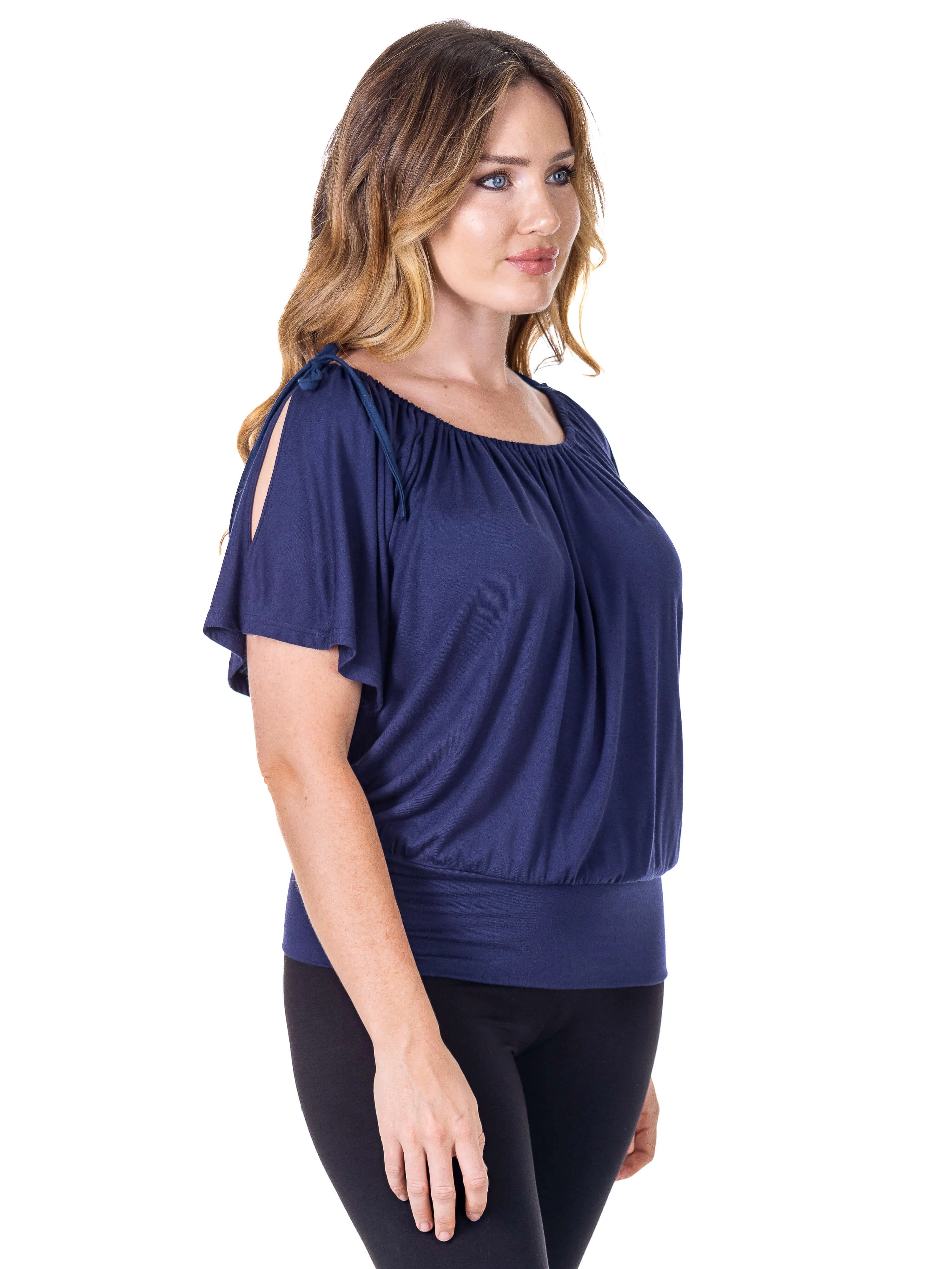 Womens Solid Color Short Sleeve Split Shoulder Top