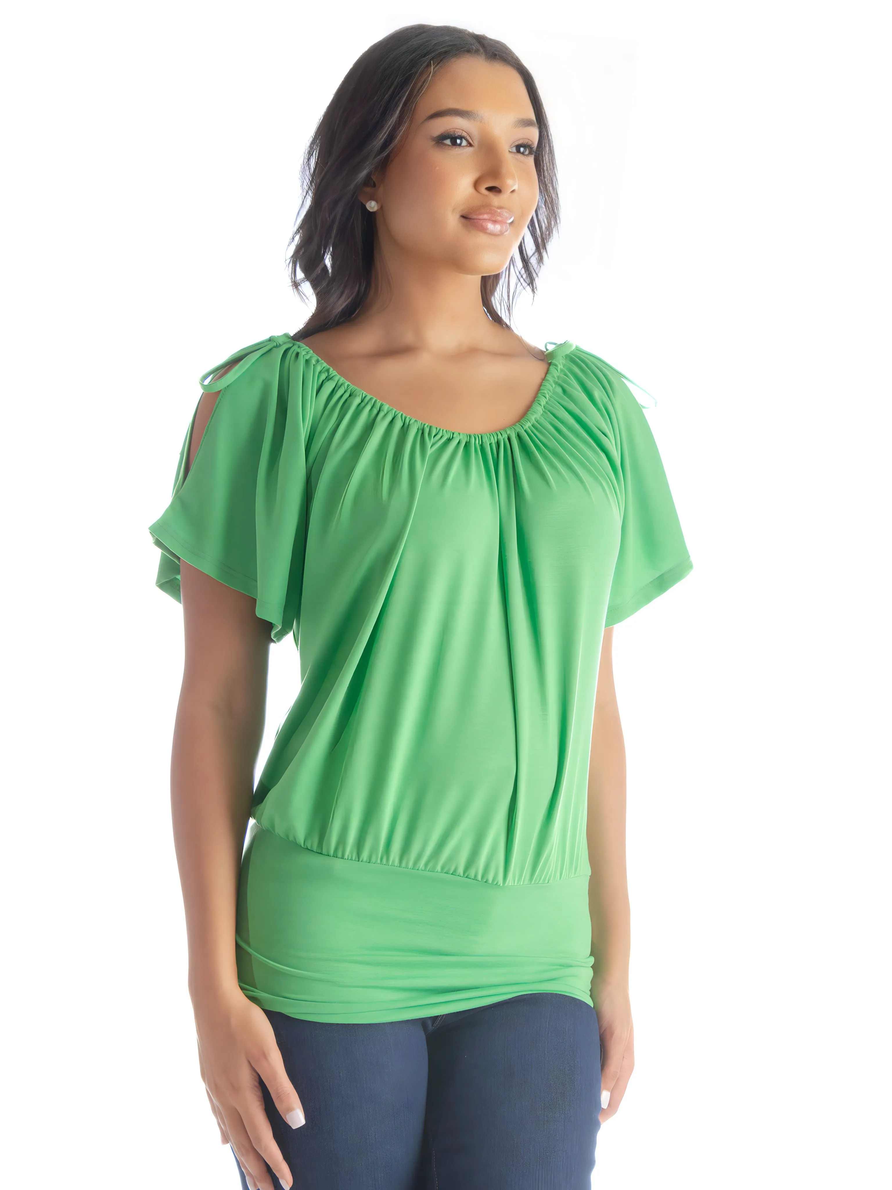 Womens Solid Color Short Sleeve Split Shoulder Top